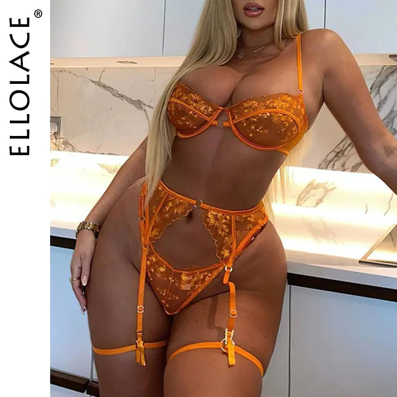 Ellolace Orange Lace Embroidery Lingerie Set – A Masterpiece of Seduction and Elegance