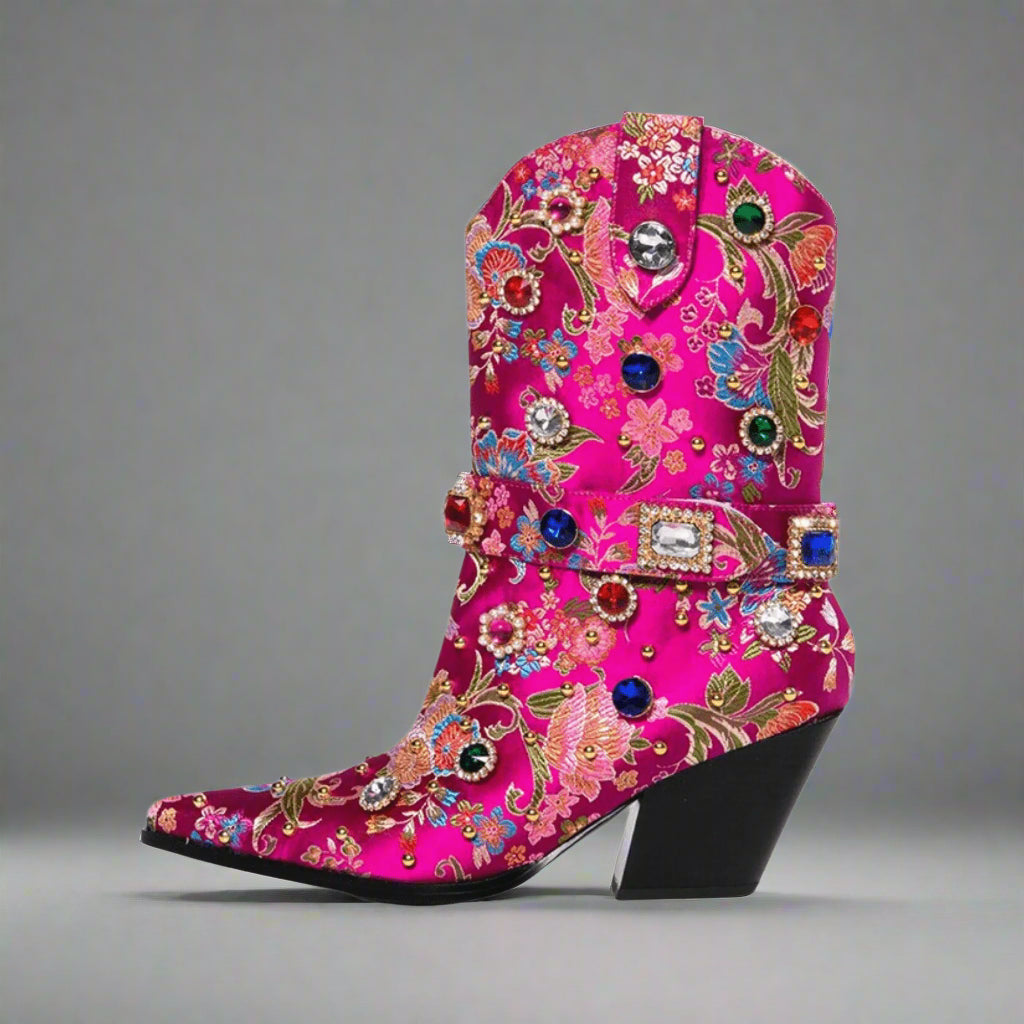 Step into Elegance with Gemstone-Embellished Floral Ankle Boots