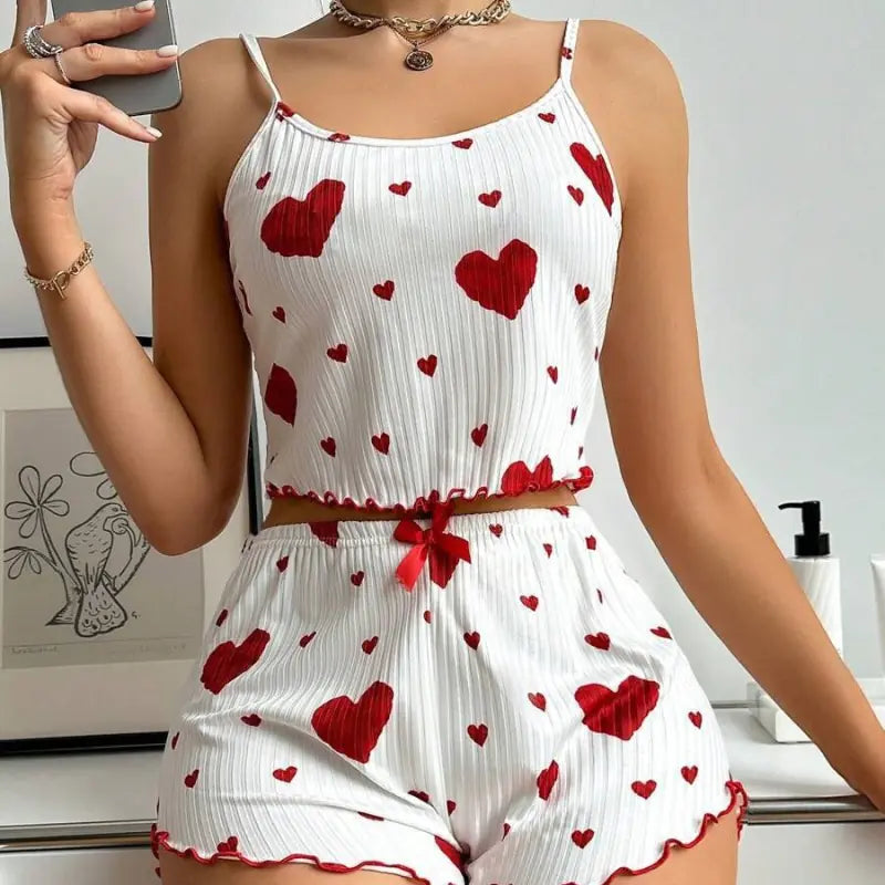 Heart Suspender Shorts Casual Sunken Stripe Outerwear Women Pajamas