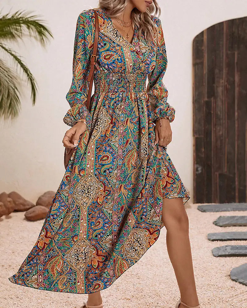 Embrace Your Inner Free Spirit with our Bohemian Printed Long Dress