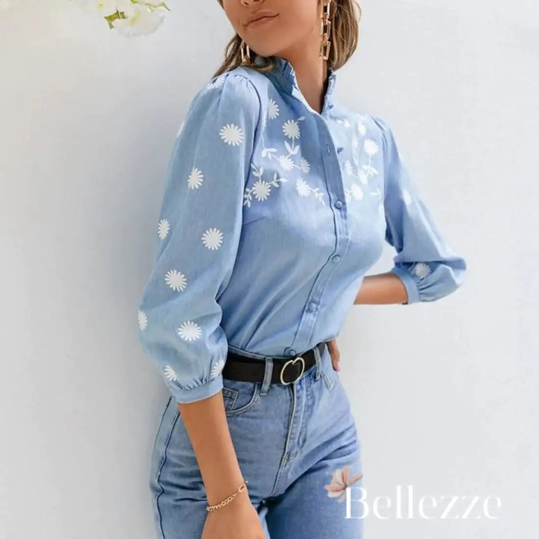 Spring and Autumn Denim Blue Lace Shirt – Effortless Elegance for Every Occasion