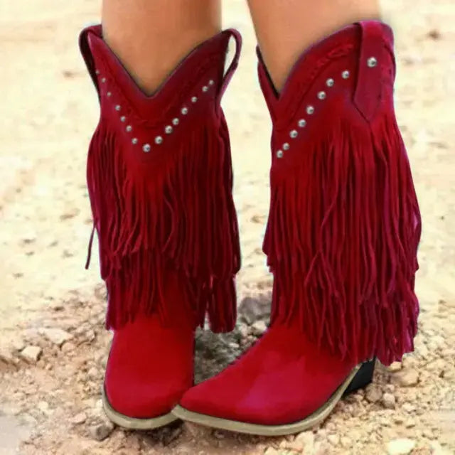 Western Fringe Mid-Calf Boots for Women – Timeless Charm with a Modern Twist