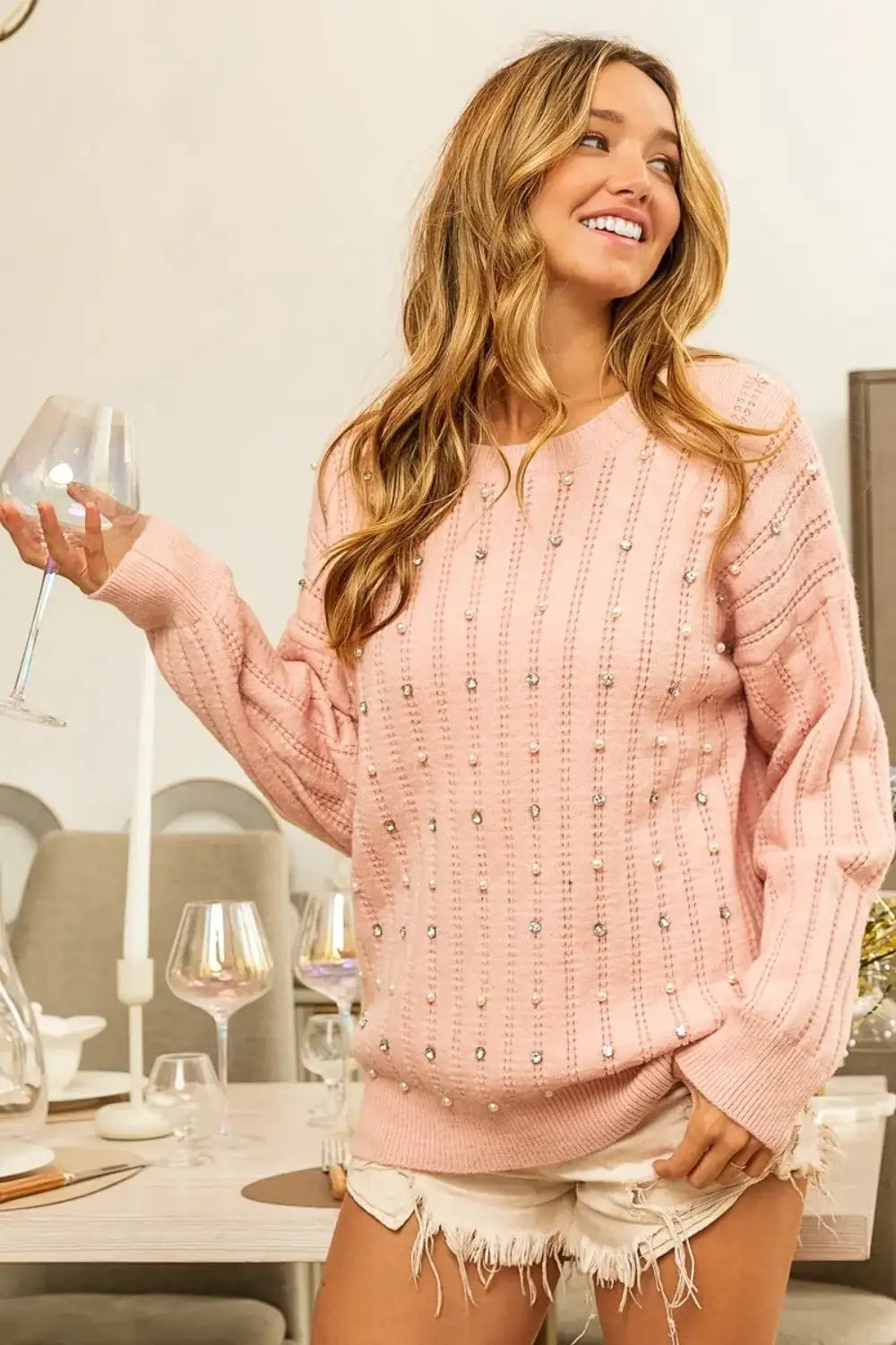 Pearl & Rhinestone Decor Long Sleeve Sweater – Chic Elegance with a Touch of Glam