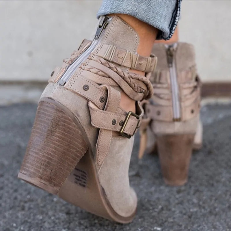 Buckle Strap Heeled Ankle Boots