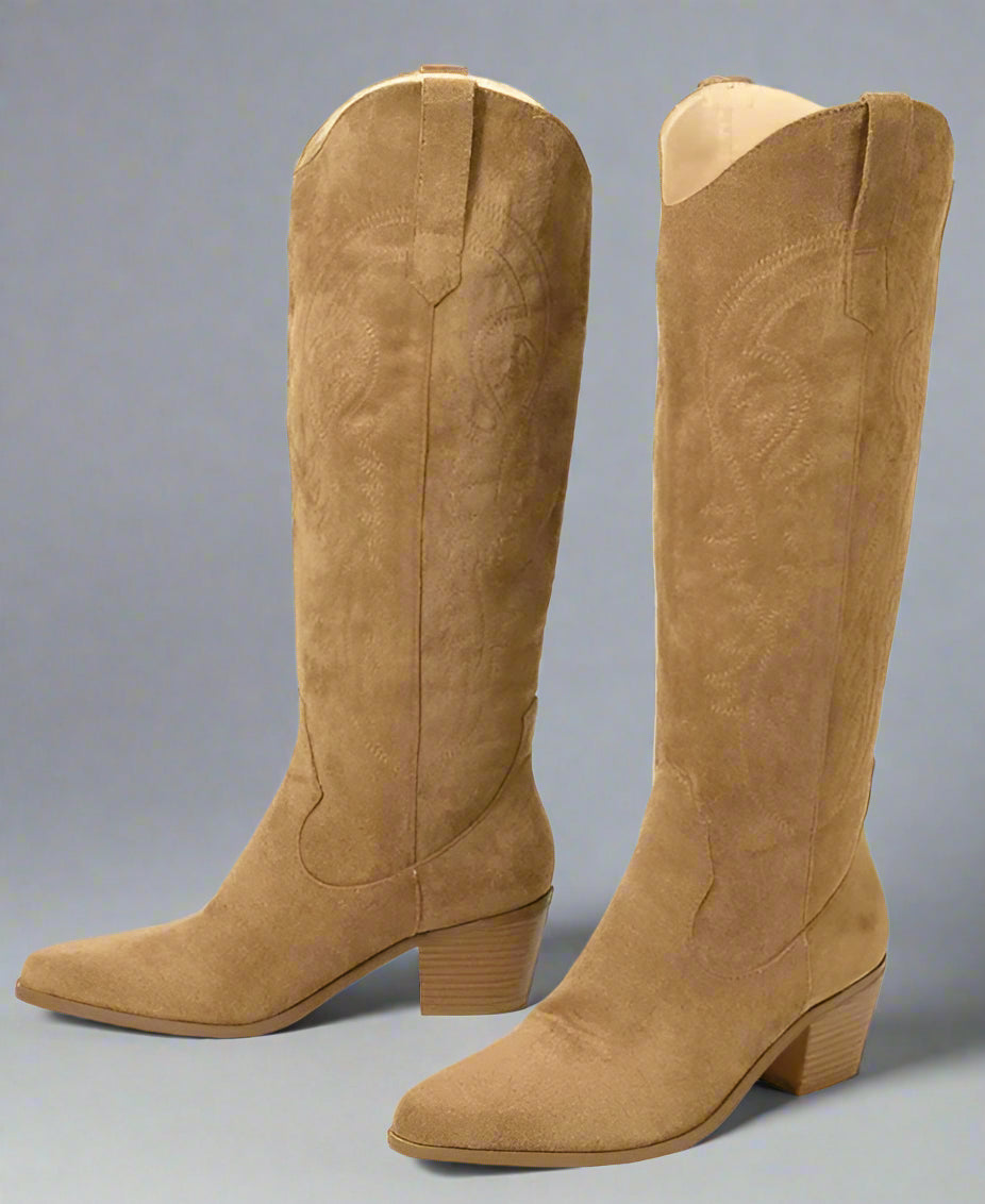 Chunky Heel Knee-high Embroidery Slip-on Middle Boots