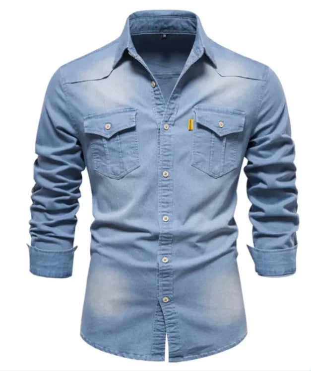 Denim Men's Casual Solid Color Long Sleeve Shirt – Classic Style with a Modern Fit