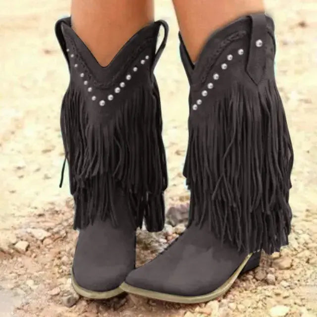 Western Fringe Mid-Calf Boots for Women – Timeless Charm with a Modern Twist