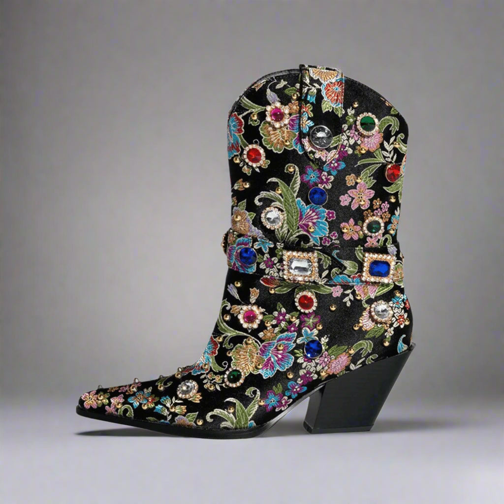 Step into Elegance with Gemstone-Embellished Floral Ankle Boots