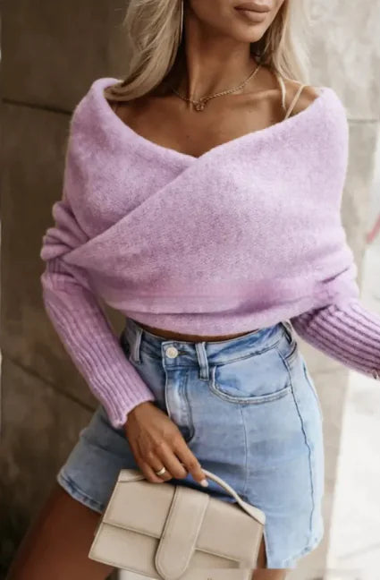 V-Neck Crossover Off-Shoulder Sweater – Cozy, Chic, and Effortlessly Stylish