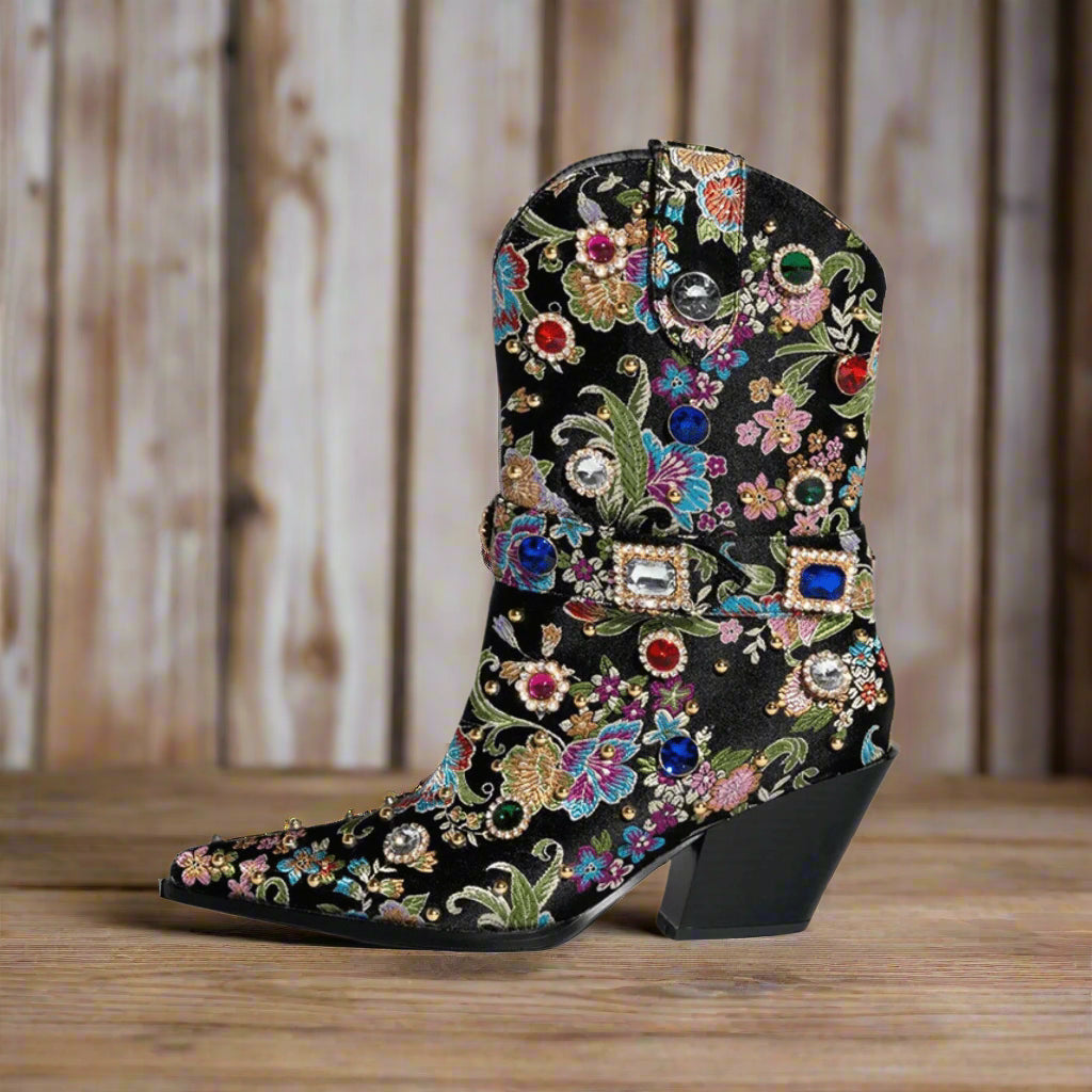 Step into Elegance with Gemstone-Embellished Floral Ankle Boots