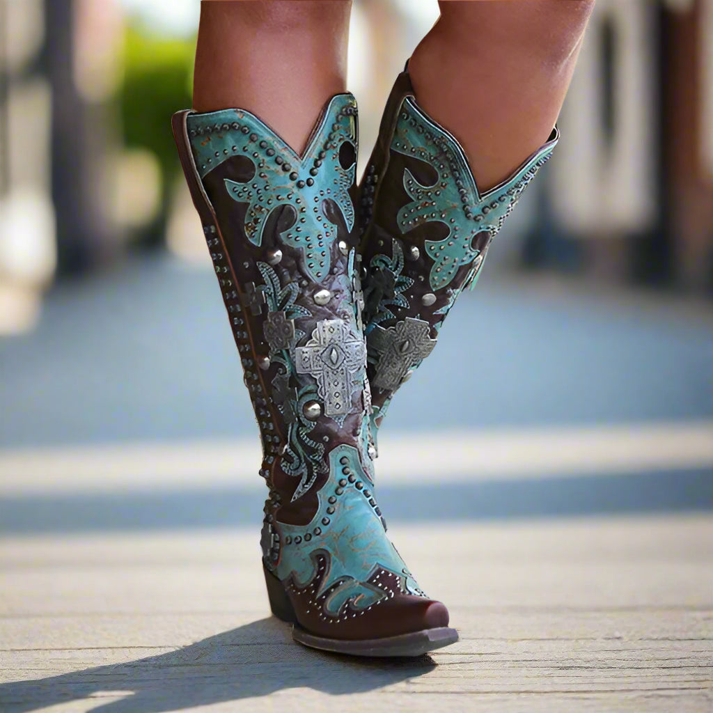 Chic Embroidered Lace-Up Mid-Calf Boots with Bold Thick Heels