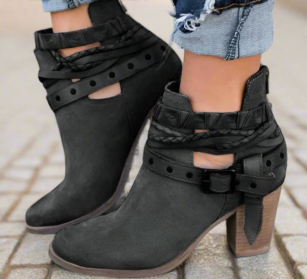 Buckle Strap Heeled Ankle Boots