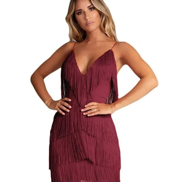 Deep V-Neck Fringe Tassel Dress – Bold, Playful, and Unforgettable