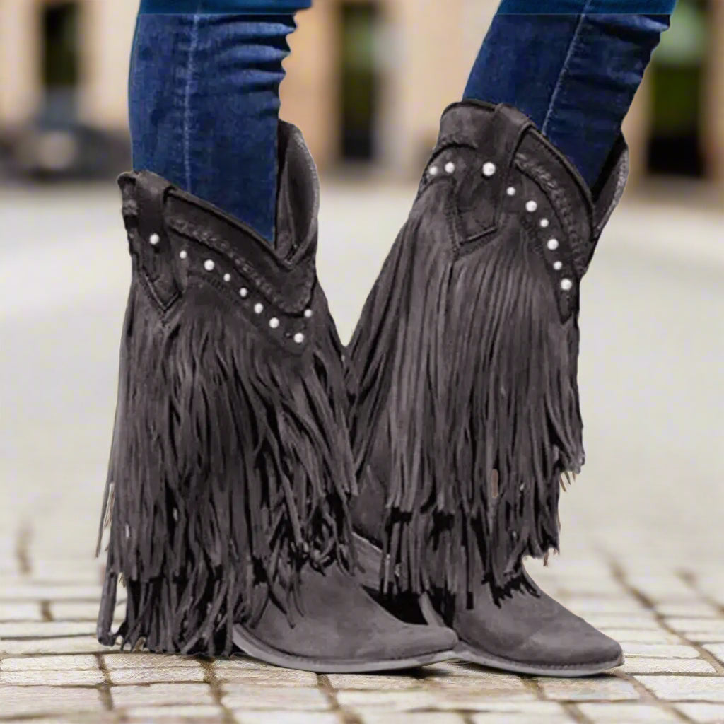 Western Fringe Mid-Calf Boots for Women – Timeless Charm with a Modern Twist