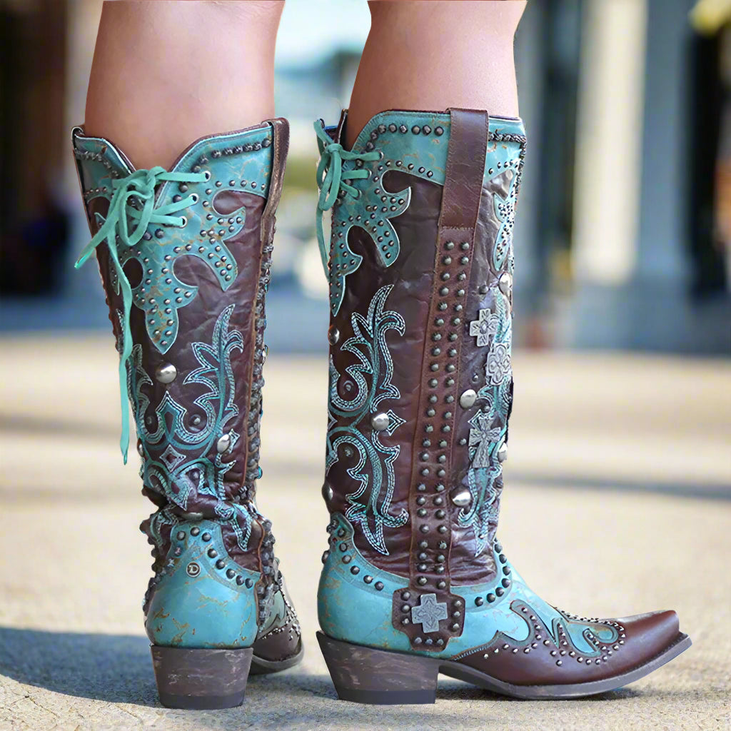 Chic Embroidered Lace-Up Mid-Calf Boots with Bold Thick Heels