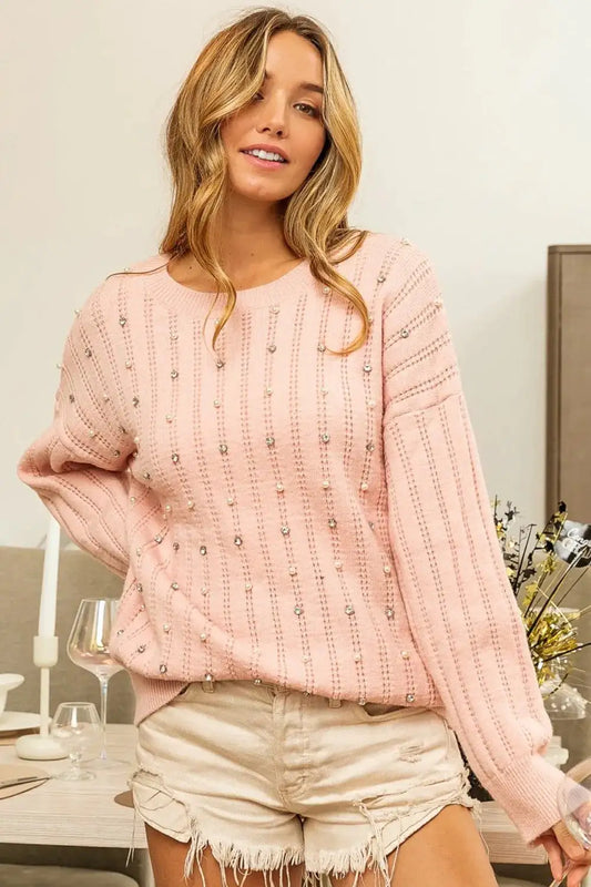 Pearl & Rhinestone Decor Long Sleeve Sweater – Chic Elegance with a Touch of Glam