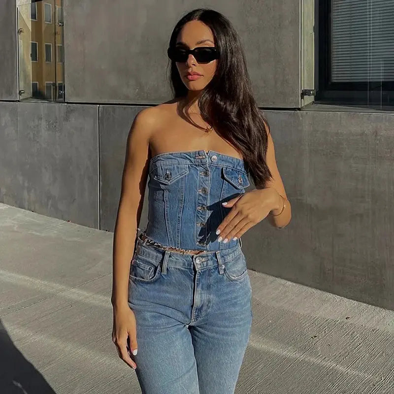 Denim Button Vest Crop Top – A Trendy Twist on Classic Denim