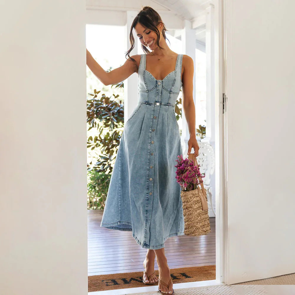 Urban Charm Denim Midi Dress: Effortless Style for Every Occasion