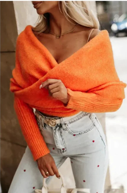 V-Neck Crossover Off-Shoulder Sweater – Cozy, Chic, and Effortlessly Stylish