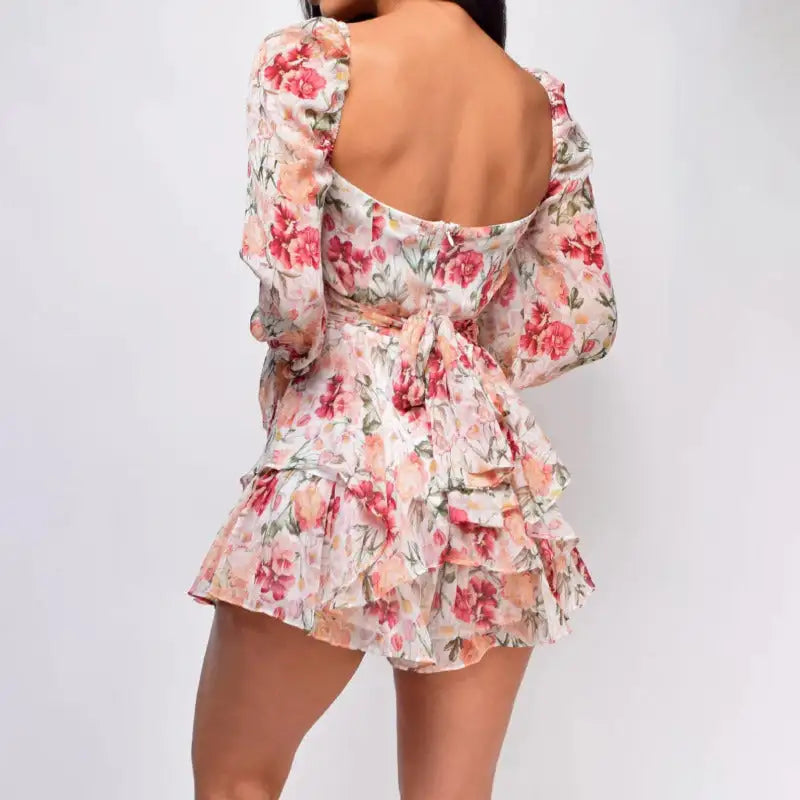 Long-Sleeve Square Collar Floral Romper: Effortless Chic for Any Occasion