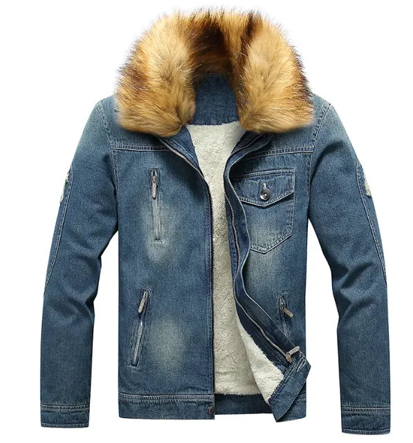 Men’s Winter Fur-Lined Denim Jacket – Classic Warmth Meets Timeless Style