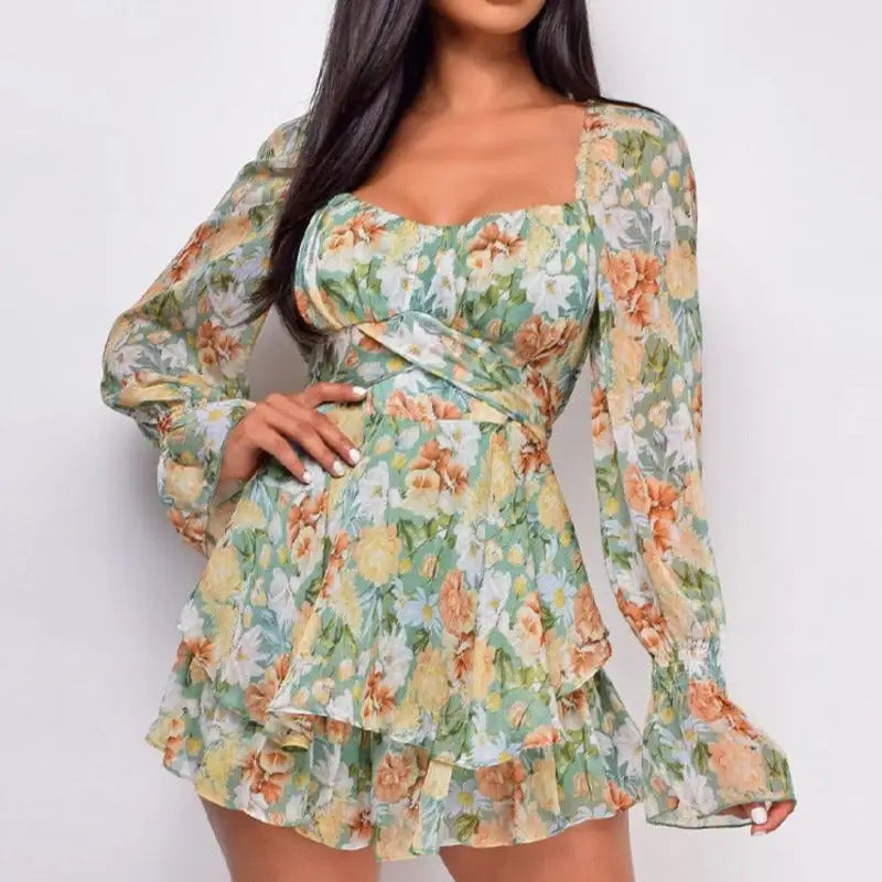 Long-Sleeve Square Collar Floral Romper: Effortless Chic for Any Occasion