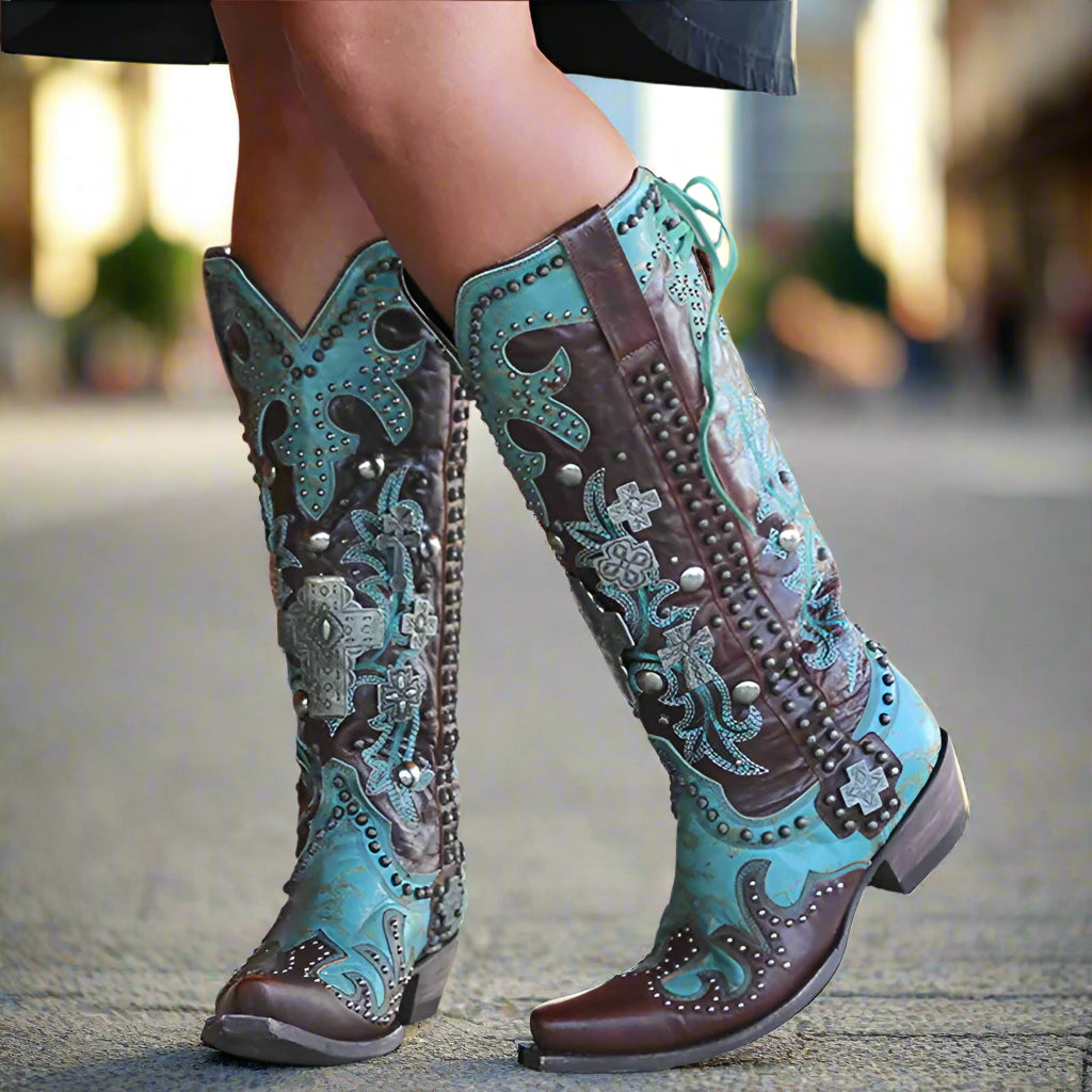 Chic Embroidered Lace-Up Mid-Calf Boots with Bold Thick Heels