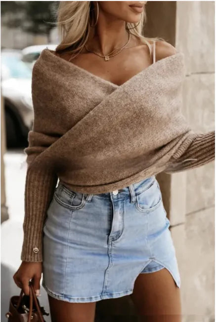 V-Neck Crossover Off-Shoulder Sweater – Cozy, Chic, and Effortlessly Stylish