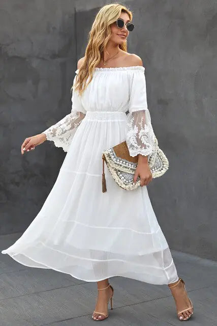 Boho Off-Shoulder Lace Sundress – Effortless Elegance Meets Bohemian Charm