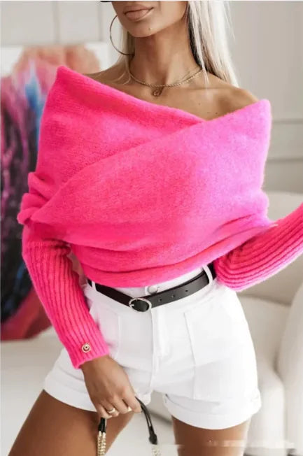 V-Neck Crossover Off-Shoulder Sweater – Cozy, Chic, and Effortlessly Stylish