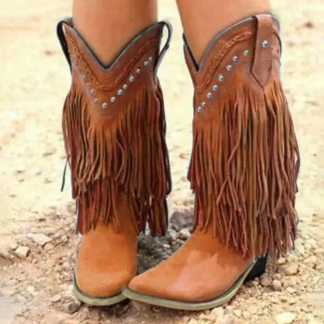 Western Fringe Mid-Calf Boots for Women – Timeless Charm with a Modern Twist