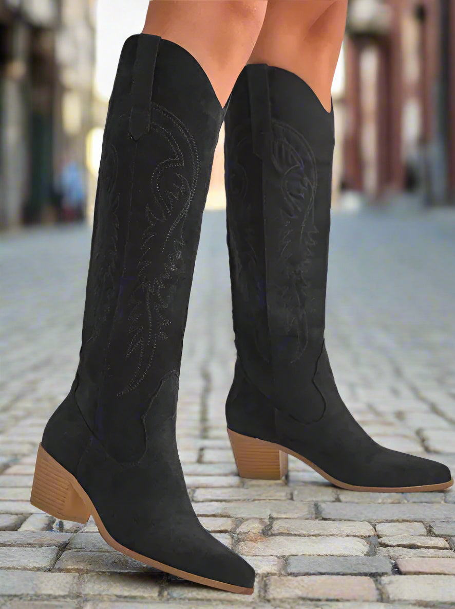 Chunky Heel Knee-high Embroidery Slip-on Middle Boots