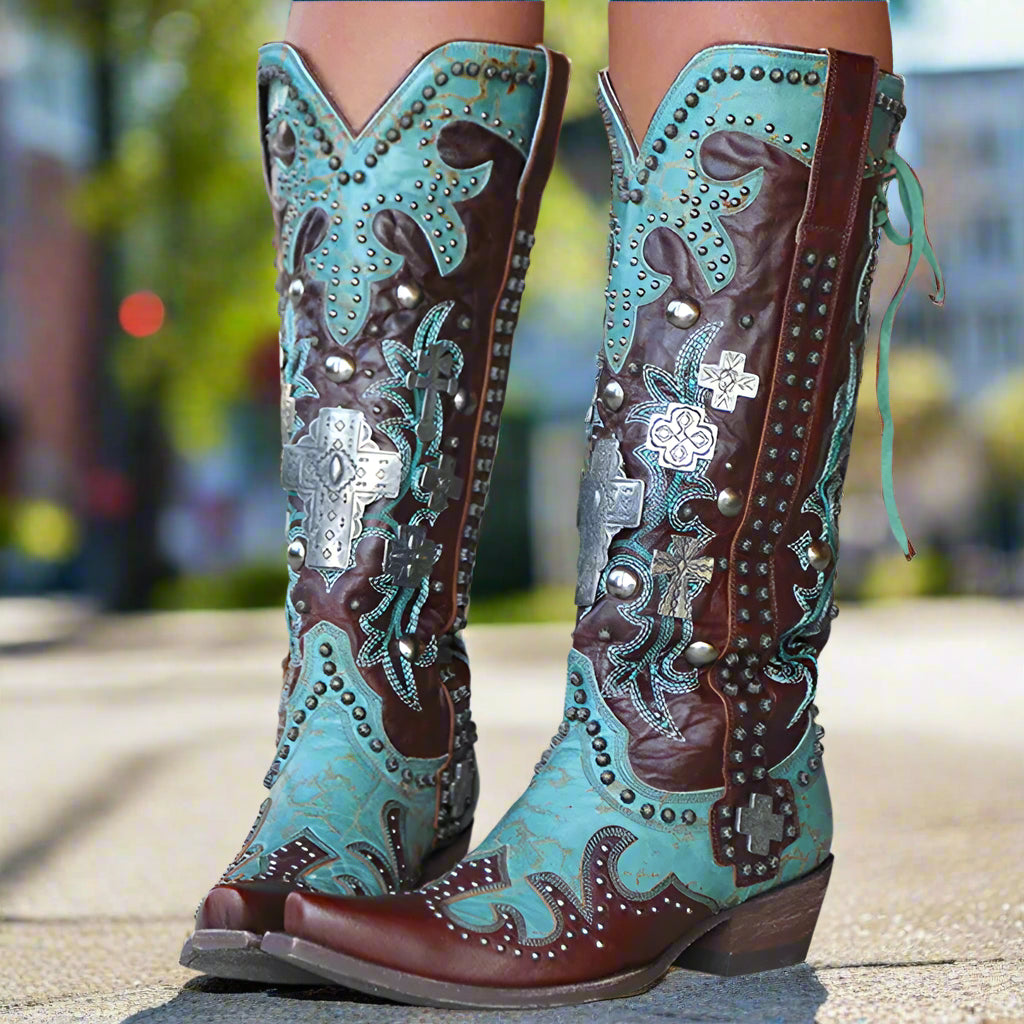 Chic Embroidered Lace-Up Mid-Calf Boots with Bold Thick Heels