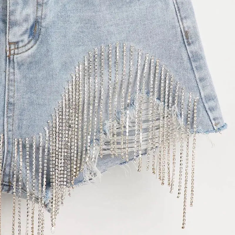 Women's Tassel Rhinestone Fringed Hole Denim Shorts