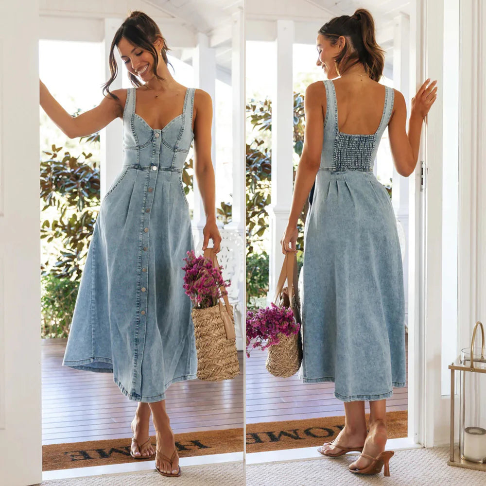 Urban Charm Denim Midi Dress: Effortless Style for Every Occasion