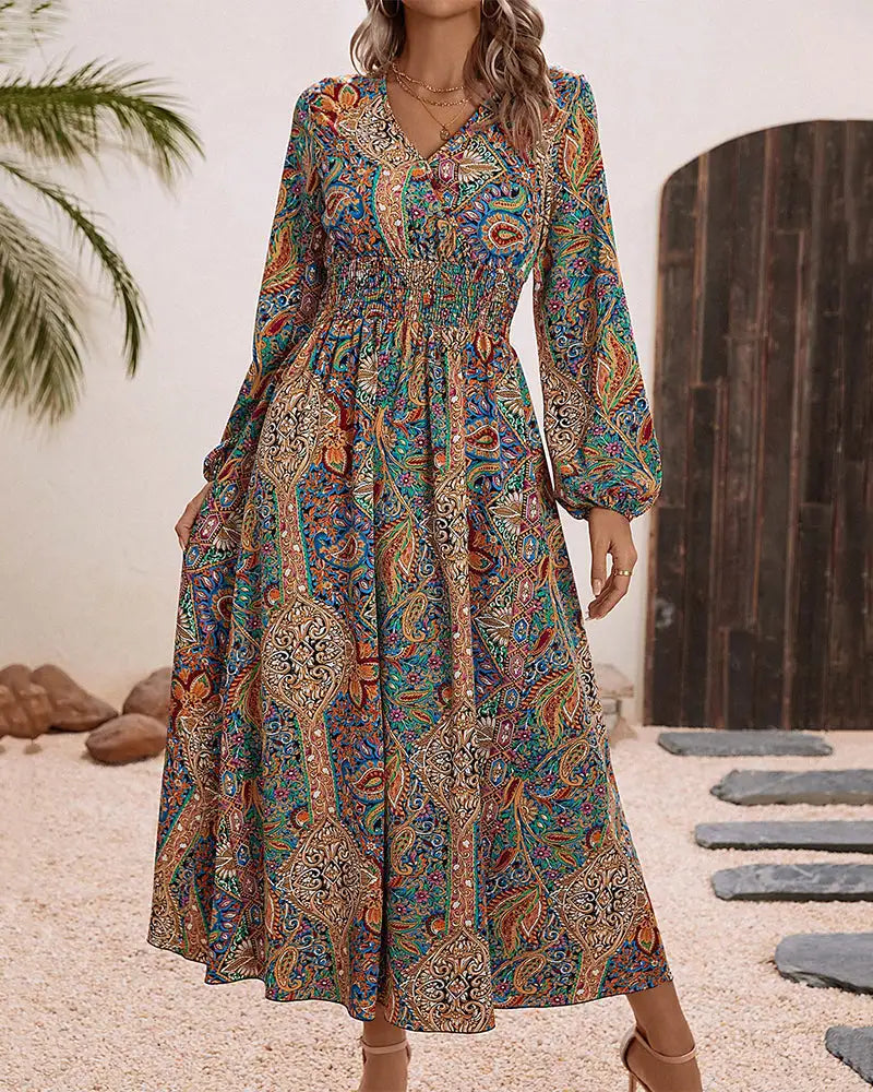 Embrace Your Inner Free Spirit with our Bohemian Printed Long Dress