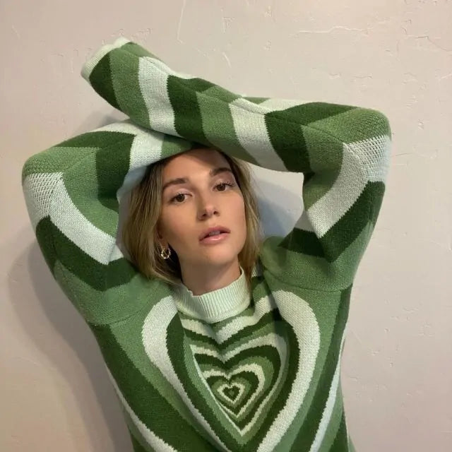 Heart Striped Turtleneck Pullovers