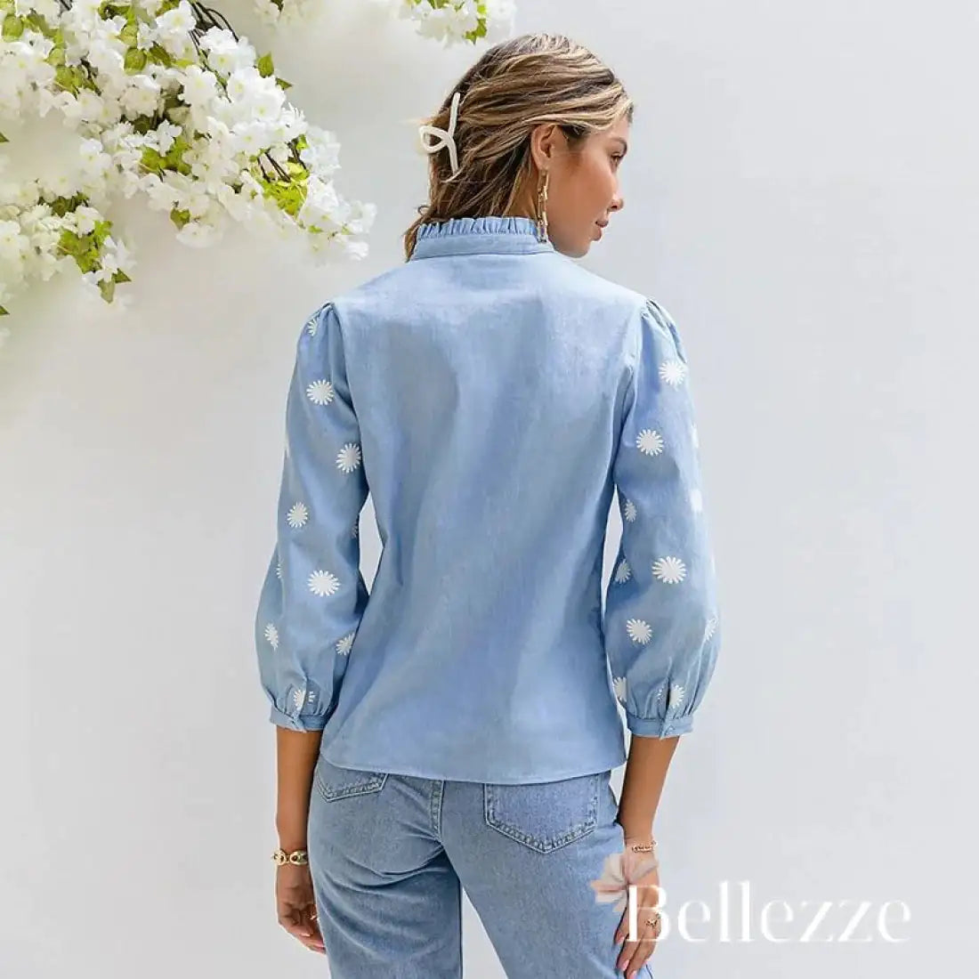 Spring and Autumn Denim Blue Lace Shirt – Effortless Elegance for Every Occasion