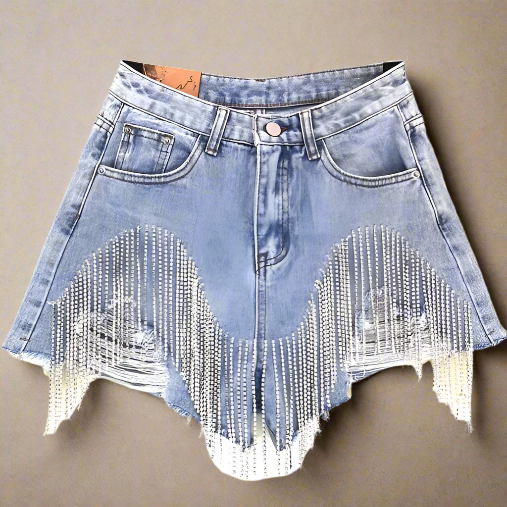 Women's Tassel Rhinestone Fringed Hole Denim Shorts