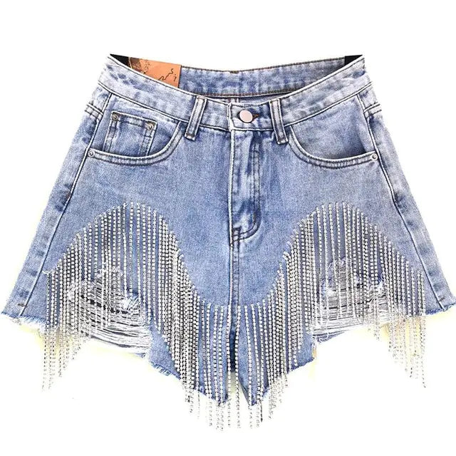 Women's Tassel Rhinestone Fringed Hole Denim Shorts