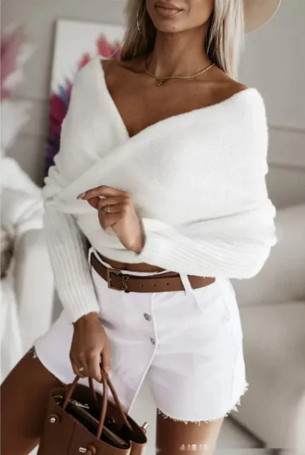 V-Neck Crossover Off-Shoulder Sweater – Cozy, Chic, and Effortlessly Stylish