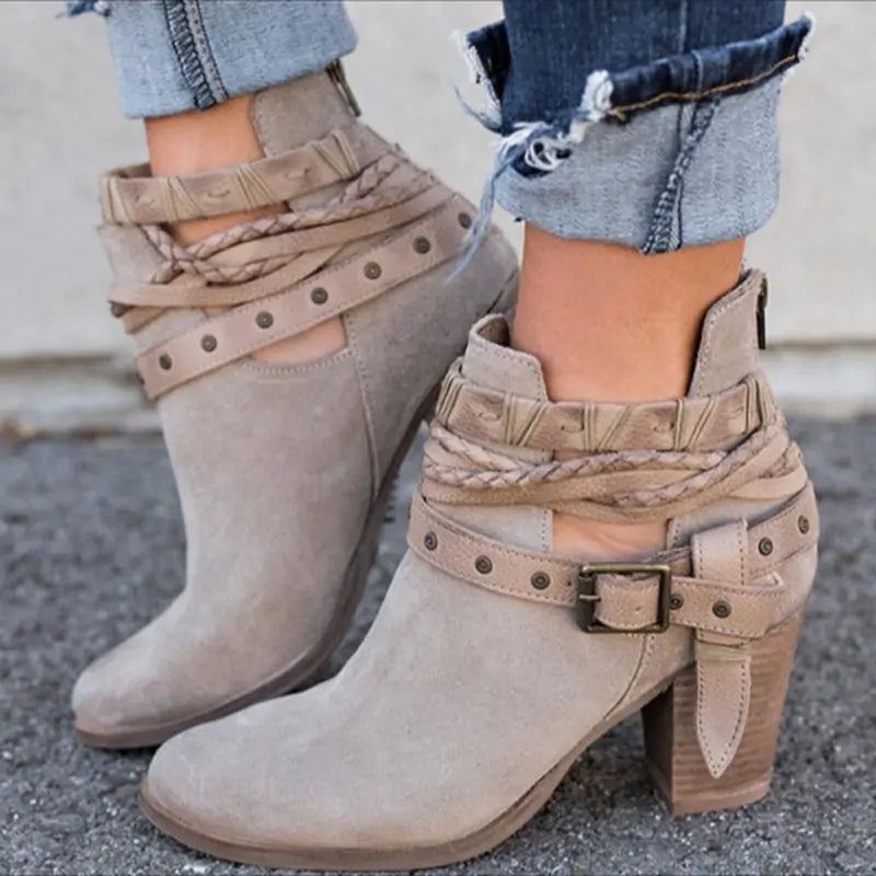 Buckle Strap Heeled Ankle Boots