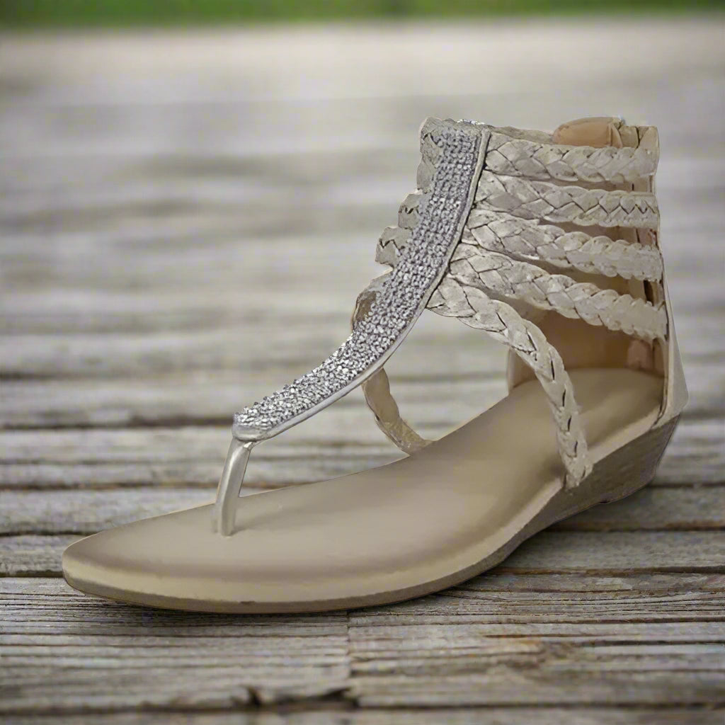 Ivory Braided Rhinestone Gladiator Sandals – Timeless Elegance Meets Bold Glamour