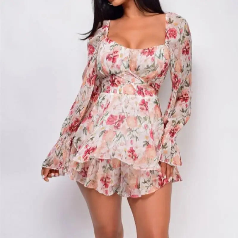 Long-Sleeve Square Collar Floral Romper: Effortless Chic for Any Occasion