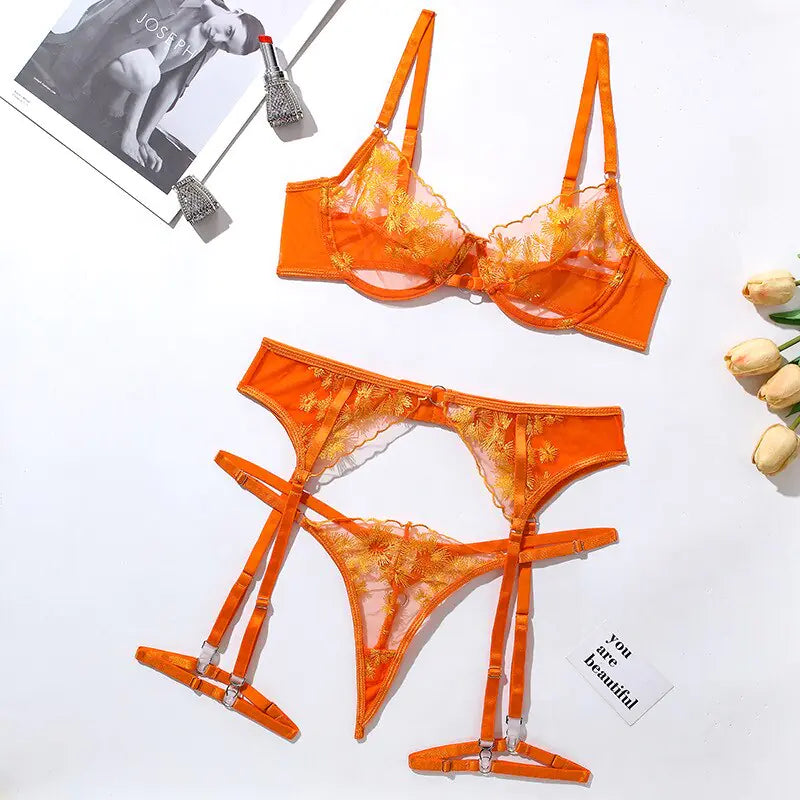 Ellolace Orange Lace Embroidery Lingerie Set – A Masterpiece of Seduction and Elegance