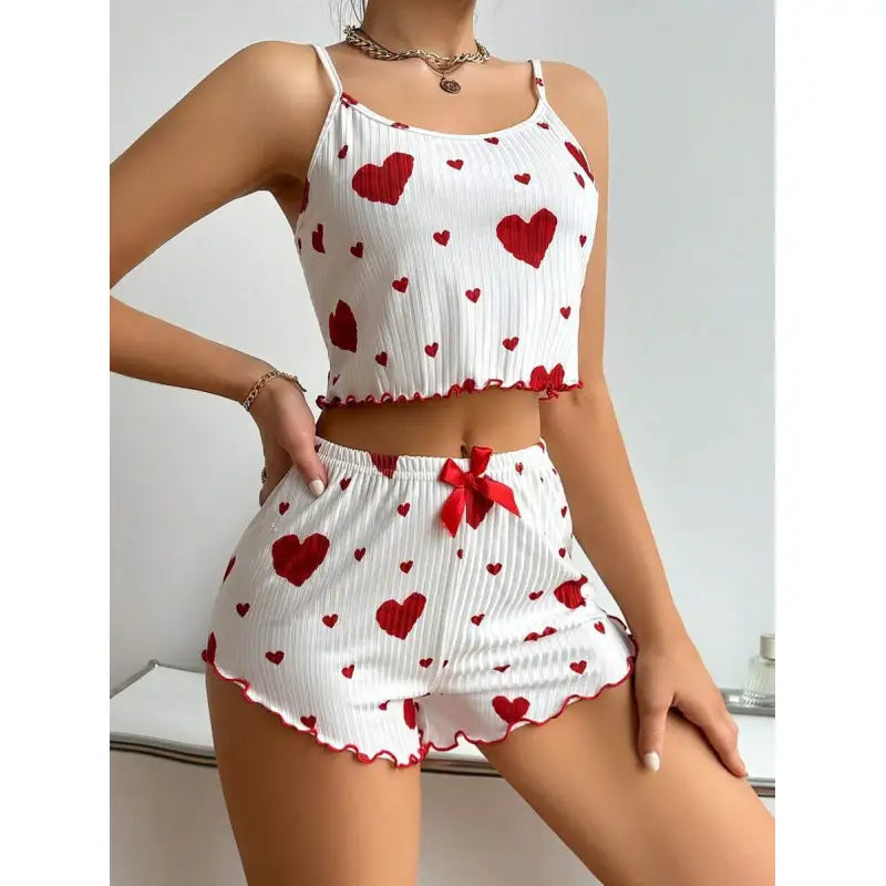 Heart Suspender Shorts Casual Sunken Stripe Outerwear Women Pajamas