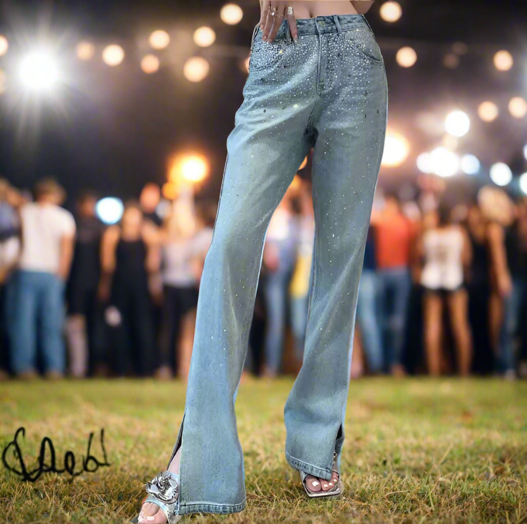 Women's High-Waist Rhinestone Flare Jeans with Side Slit – Glam Meets Retro Rodeo