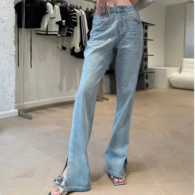 Women's High-Waist Rhinestone Flare Jeans with Side Slit – Glam Meets Retro Rodeo