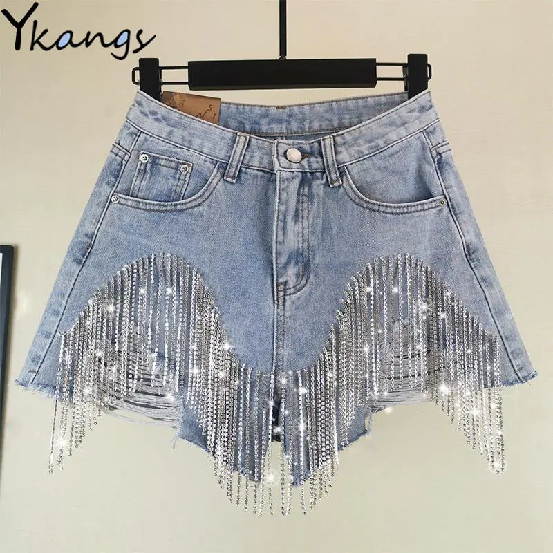 Women's Tassel Rhinestone Fringed Hole Denim Shorts