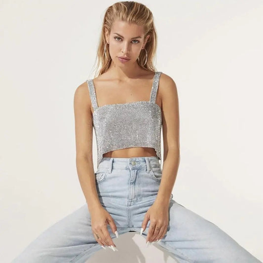 Rhinestone Mesh Crop Top – Sparkle and Shine with Effortless Glamour